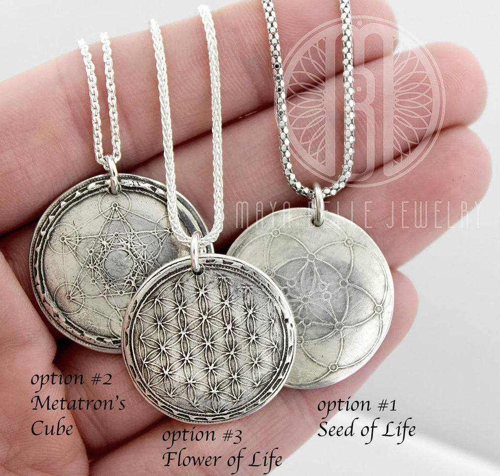Sacred Geometry: Flower of Life Fingerprint Necklace in Silver or Bronze - Maya Belle Jewelry 