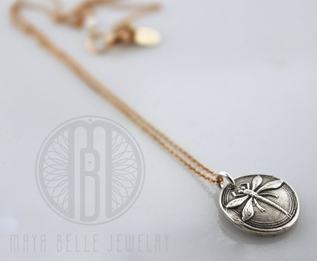 Dragonfly Pendant in Silver or Bronze with Inlaid Birthstone - Maya Belle Jewelry 