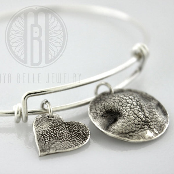 TWO Dog Nose Print Charms in Pure Silver, ONE sterling silver bangle bracelet - Maya Belle Jewelry 