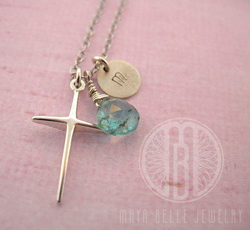 Cross Necklace with Initial and Birthstone - Maya Belle Jewelry 