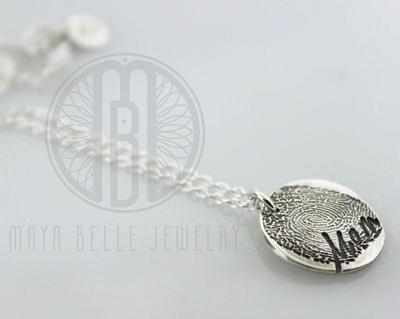 Small Fingerprint Necklace with Handwriting (in Choice of Bronze or Silver and Shape) - Maya Belle Jewelry 