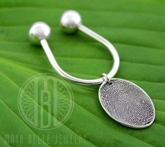 Large Fingerprint Charm on a Sterling Silver Threaded Keychain with Choice of Shape - Maya Belle Jewelry 