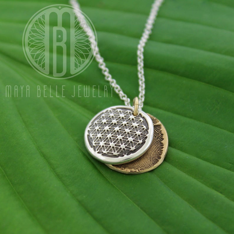 Sacred Geometry, flower of life fingerprint locket • thumb print locket in gold and silver • memorial locket - Maya Belle Jewelry 